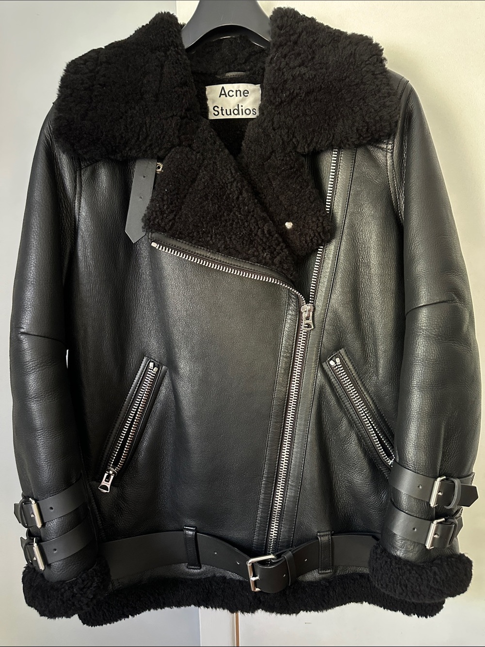 Acne Studios Black Shearling-Trim Leather Biker Jacket